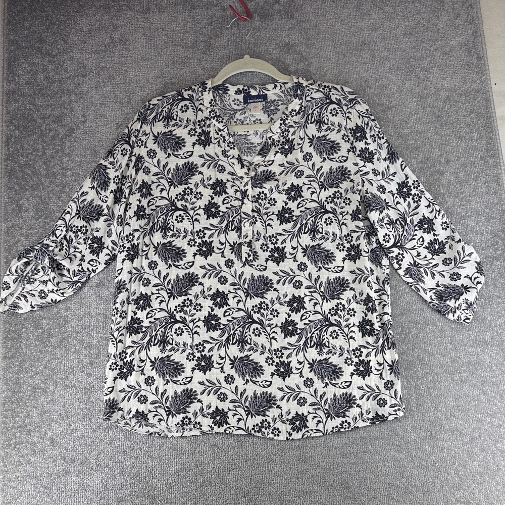 Basic Editions 3/4 Long Sleeve Blouse Shirt Top Black White Floral Womens L
